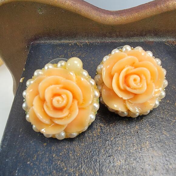 Peach Rose Stud Earrings with Pearl Border, Vintage Floral Statement Jewelry - Picture 5 of 10